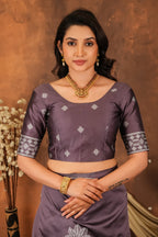 Lavender Grey Floral Silk Blend Saree with Elegant Silver Weaving
