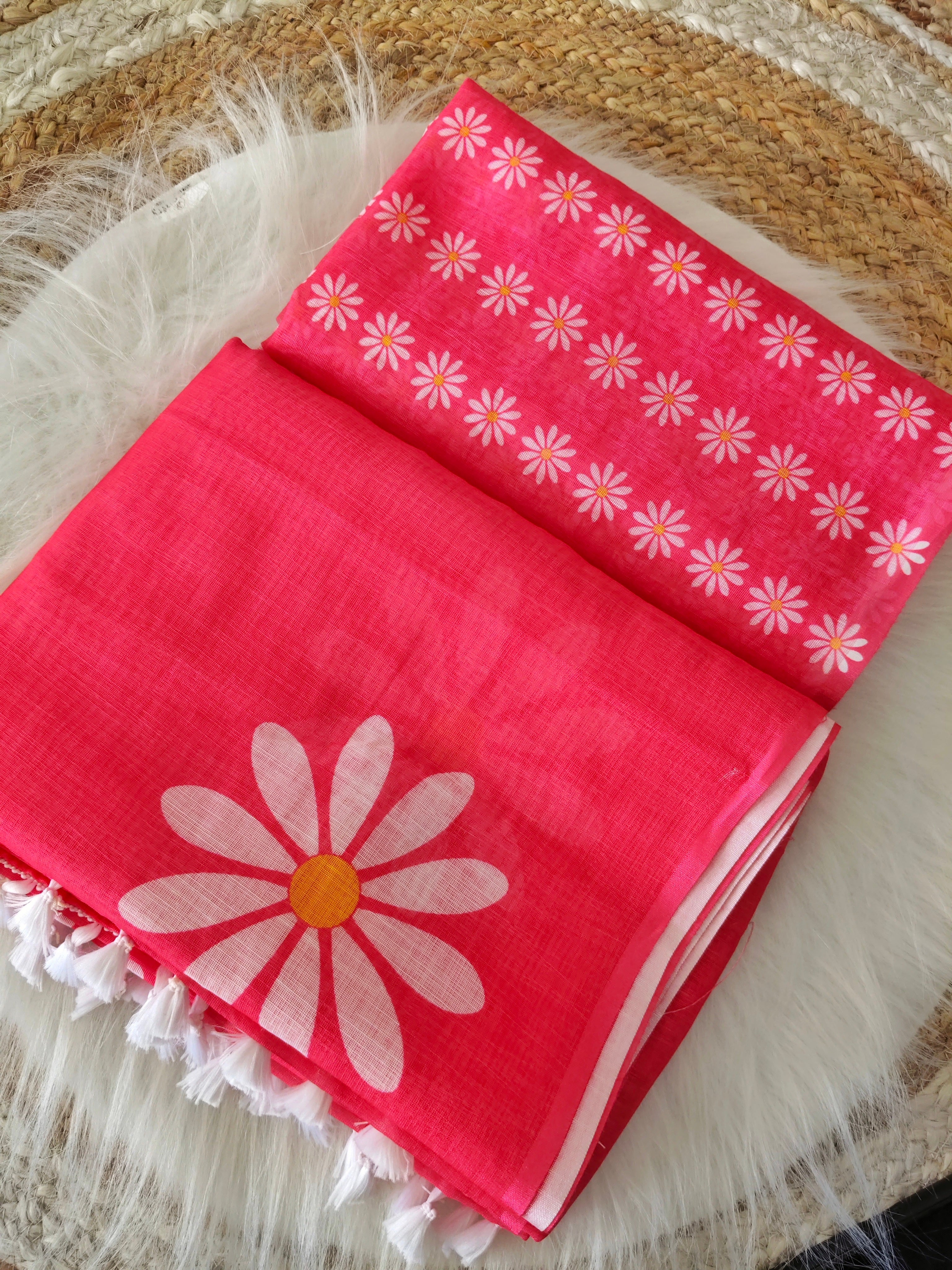 pink linen  flower saree