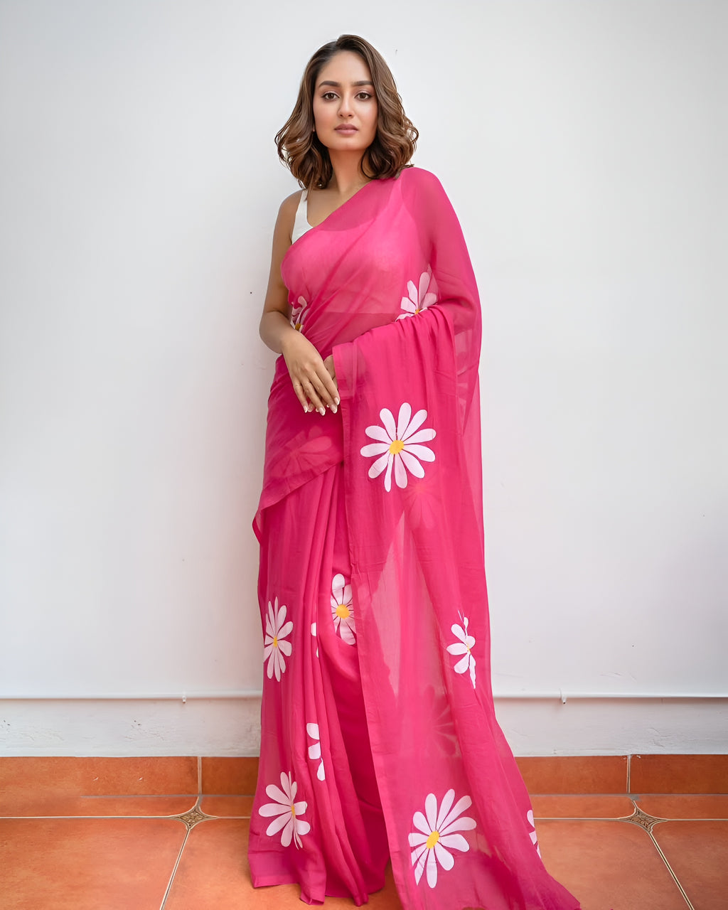 pink linen  flower saree