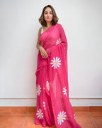 pink linen  flower saree