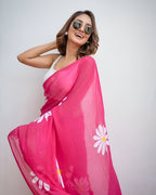 pink linen  flower saree