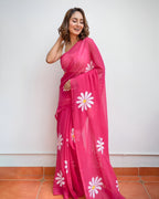 pink linen  flower saree