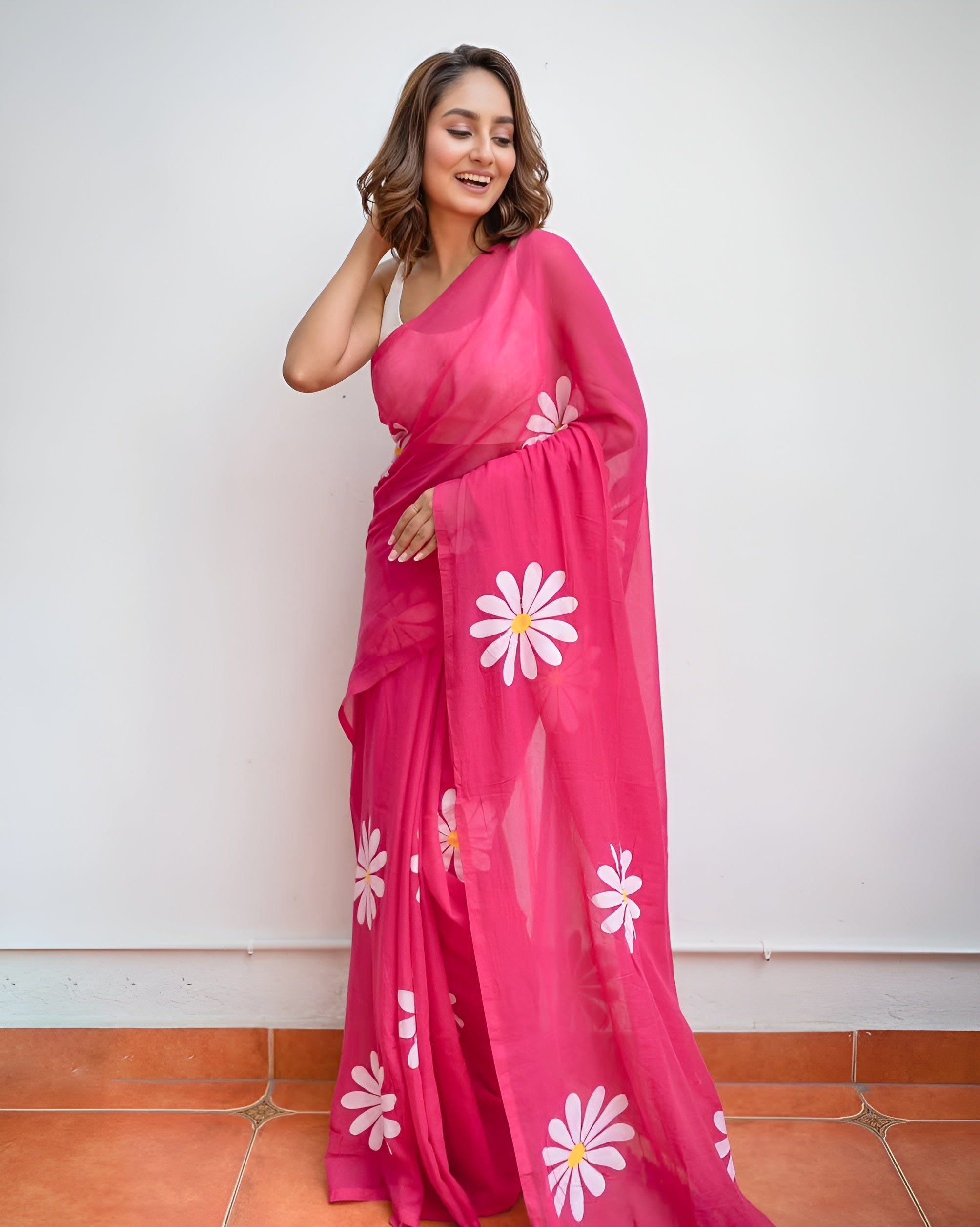 pink linen  flower saree