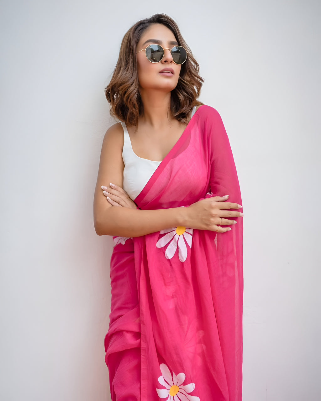 pink linen  flower saree