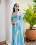 sky linen  flower saree