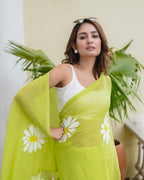 neon linen  flower saree