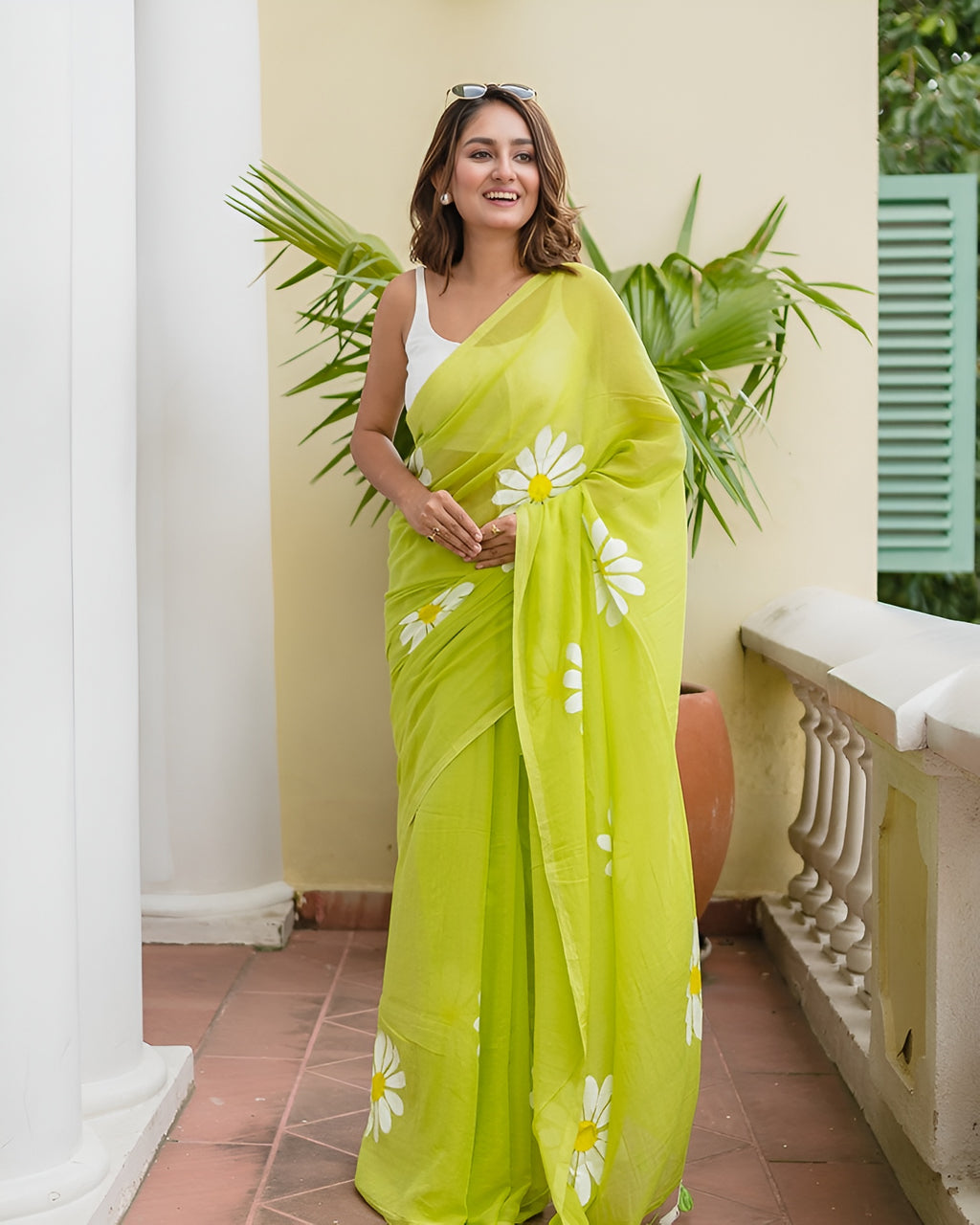 neon linen  flower saree