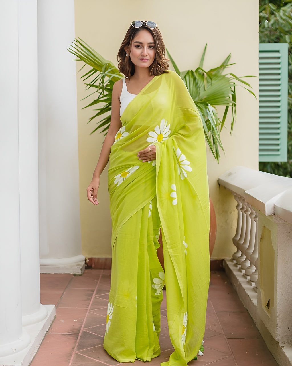 neon linen  flower saree