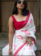 white and red linen  flower saree