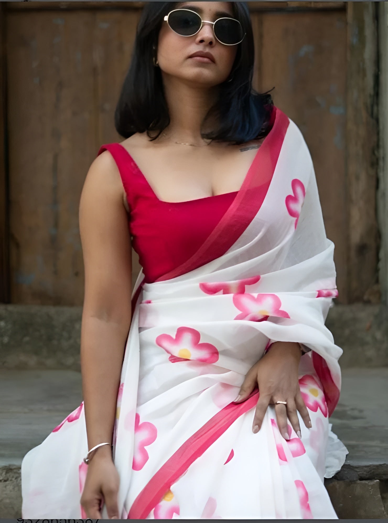 white and red linen  flower saree