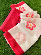 white and red linen  flower saree