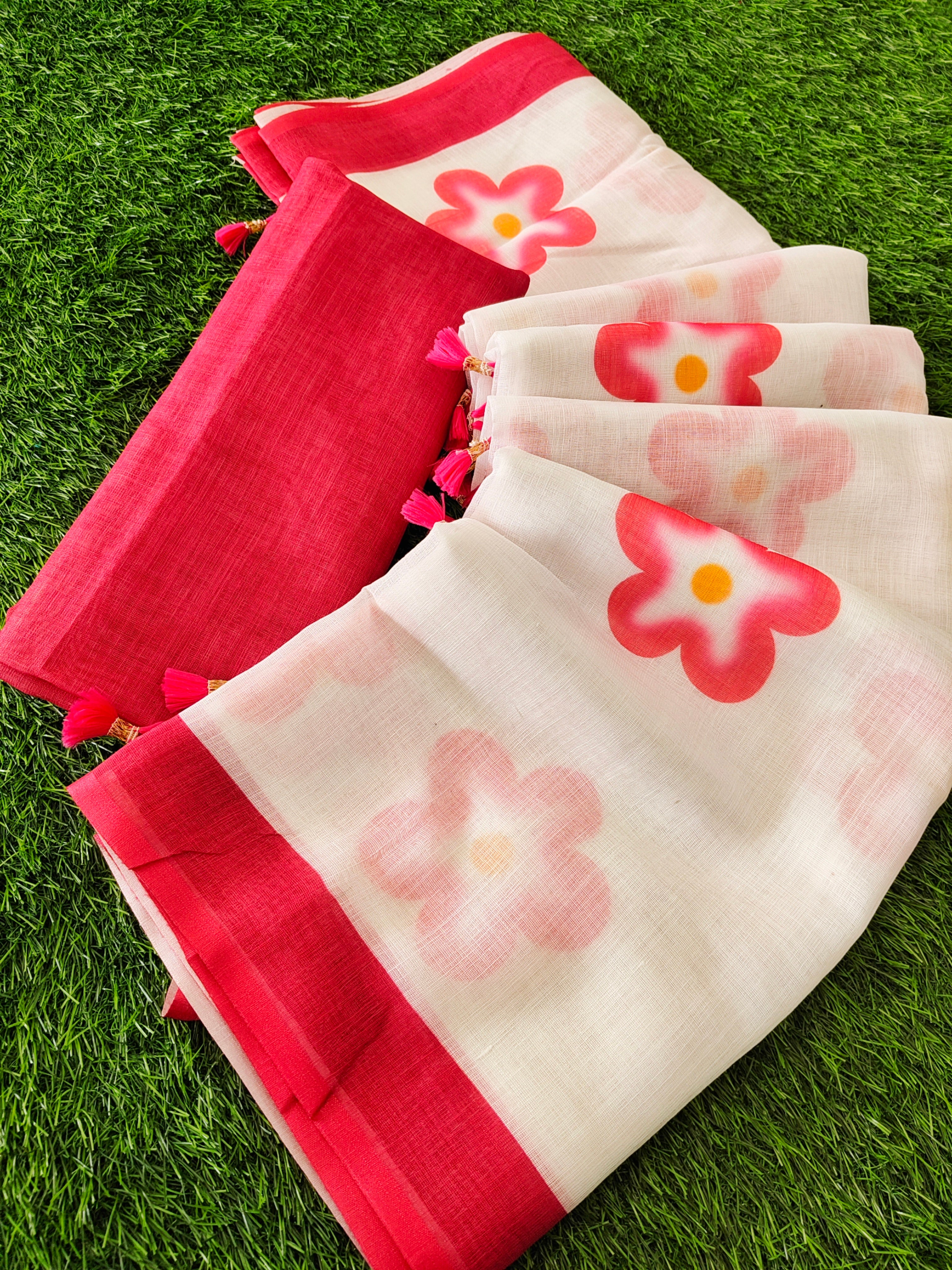 white and red linen  flower saree