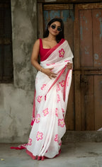 white and red linen  flower saree