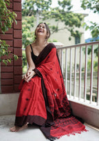 blackand red linen printed saree