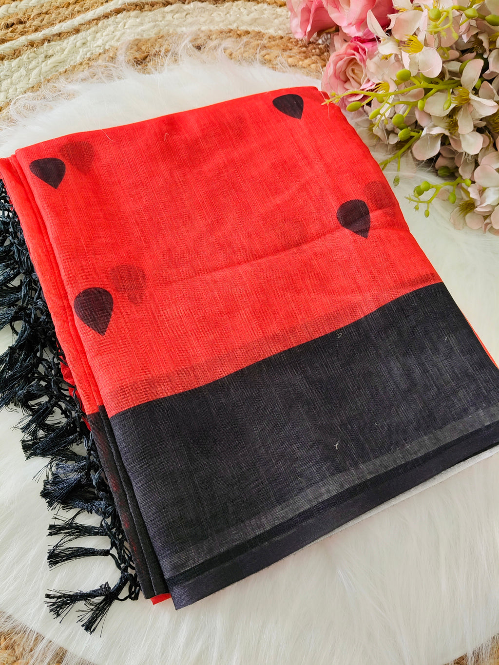 blackand red linen printed saree