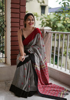 grey and red linen printed saree