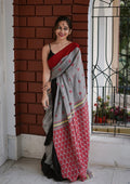 grey and red linen printed saree
