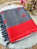 grey and red linen printed saree