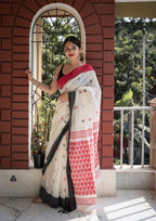 white and red linen printed saree