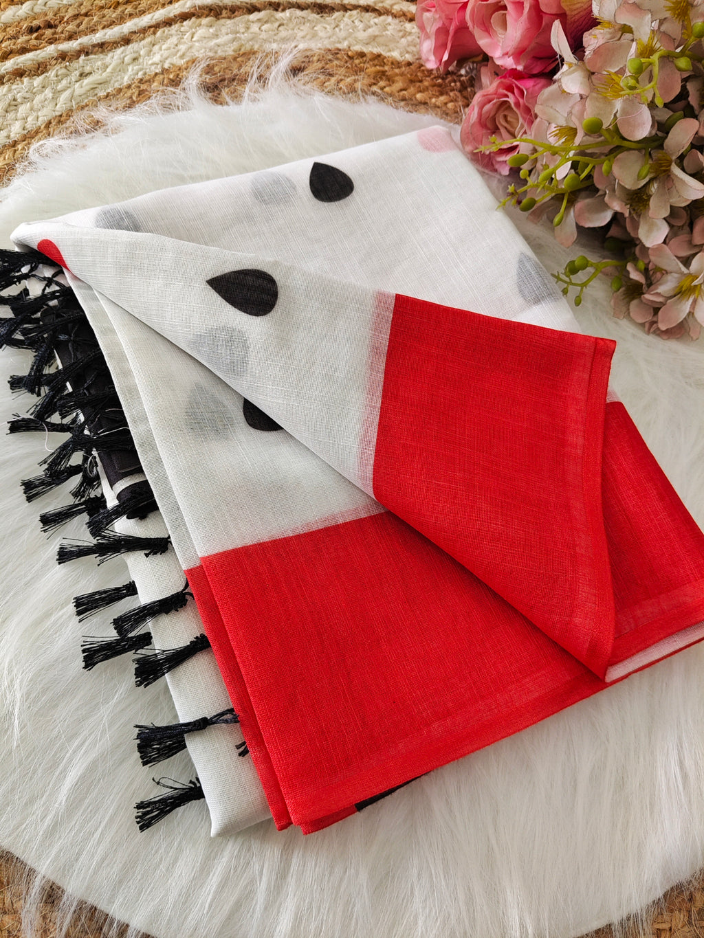 white and red linen printed saree