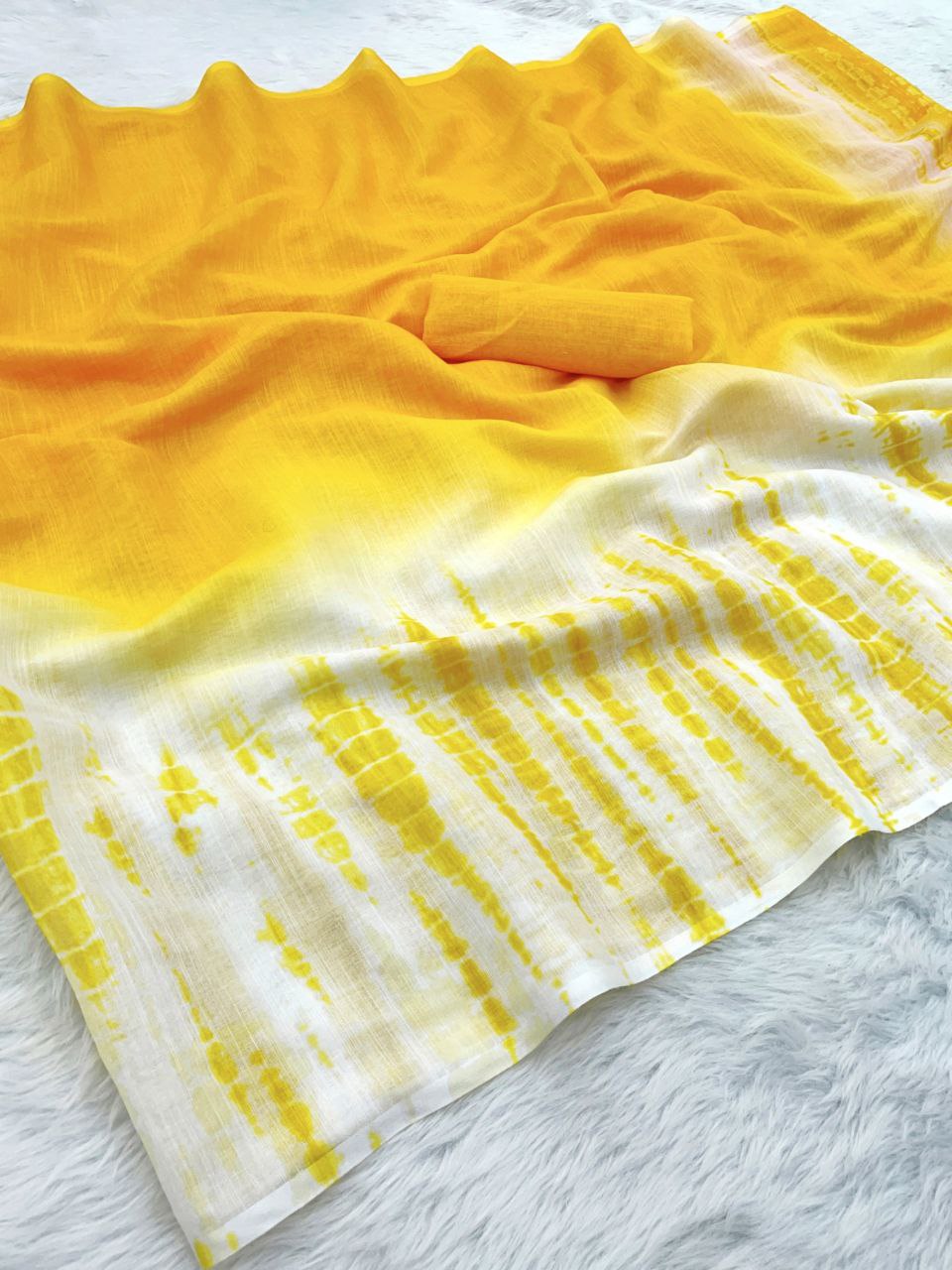 Premium Linen Color Printed Saree with Handmade Zalar | Ultra HD Ink Print | 6.30 Meter with Blouse Piece