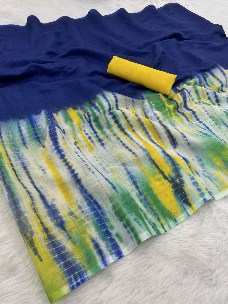 Premium Linen Color Printed Saree with Handmade Zalar | Ultra HD Ink Print | 6.30 Meter with Blouse Piece
