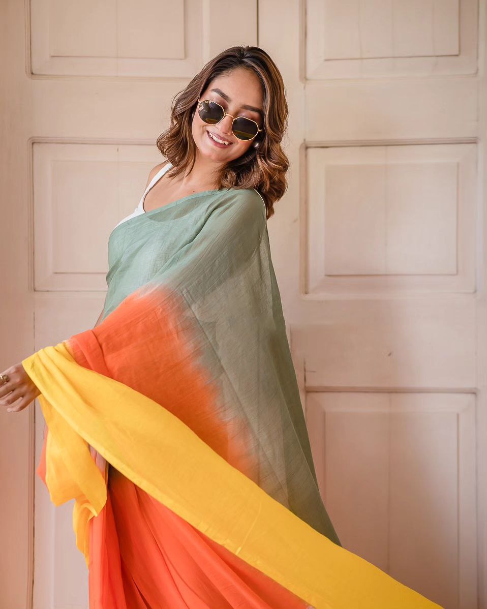 Premium Linen Ombre Saree with Handmade Zalar | Ultra HD Ink Print | 6.30 Meter with Blouse Piece