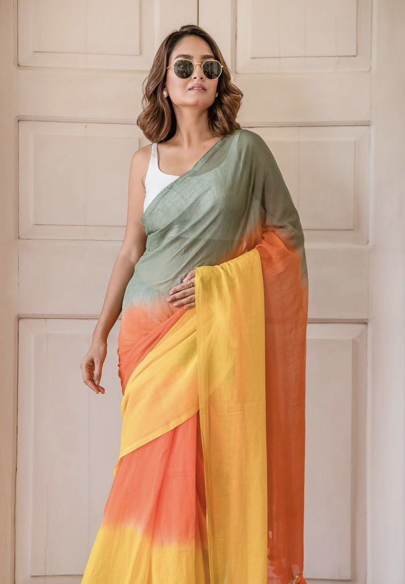 Premium Linen Ombre Saree with Handmade Zalar | Ultra HD Ink Print | 6.30 Meter with Blouse Piece