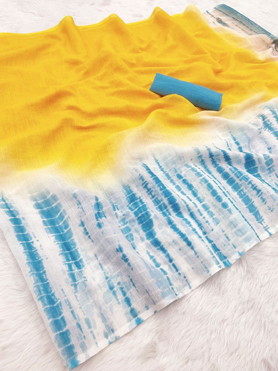 Premium Linen Color Printed Saree with Handmade Zalar | Ultra HD Ink Print | 6.30 Meter with Blouse Piece