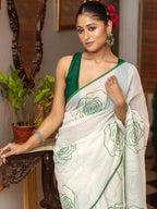 Linen Floral Print Saree with Handmade Zalar | Rose Print Designer Saree | 6.30 Meter