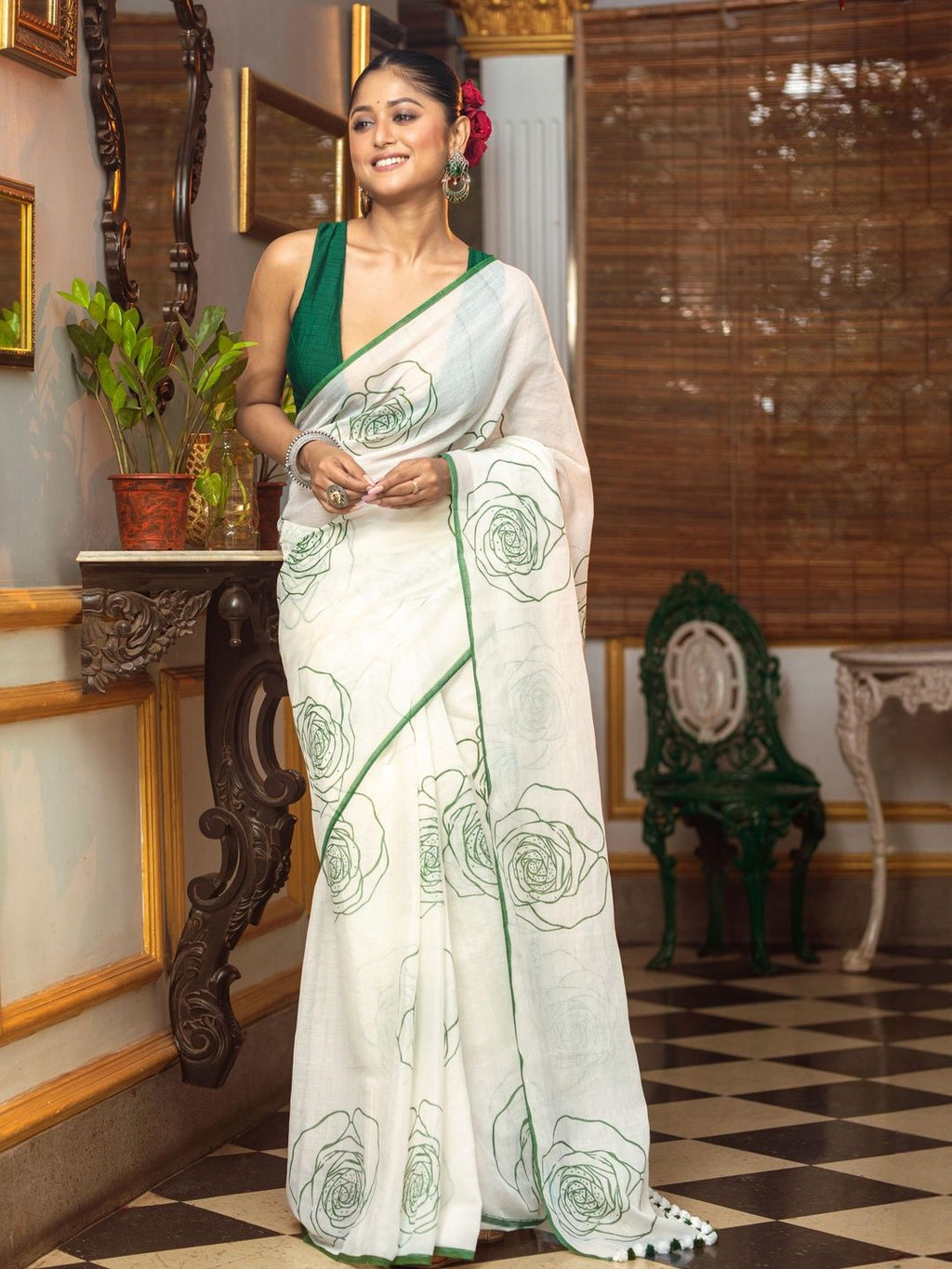 Linen Floral Print Saree with Handmade Zalar | Rose Print Designer Saree | 6.30 Meter
