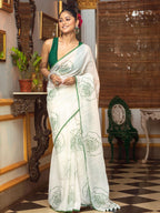 Linen Floral Print Saree with Handmade Zalar | Rose Print Designer Saree | 6.30 Meter