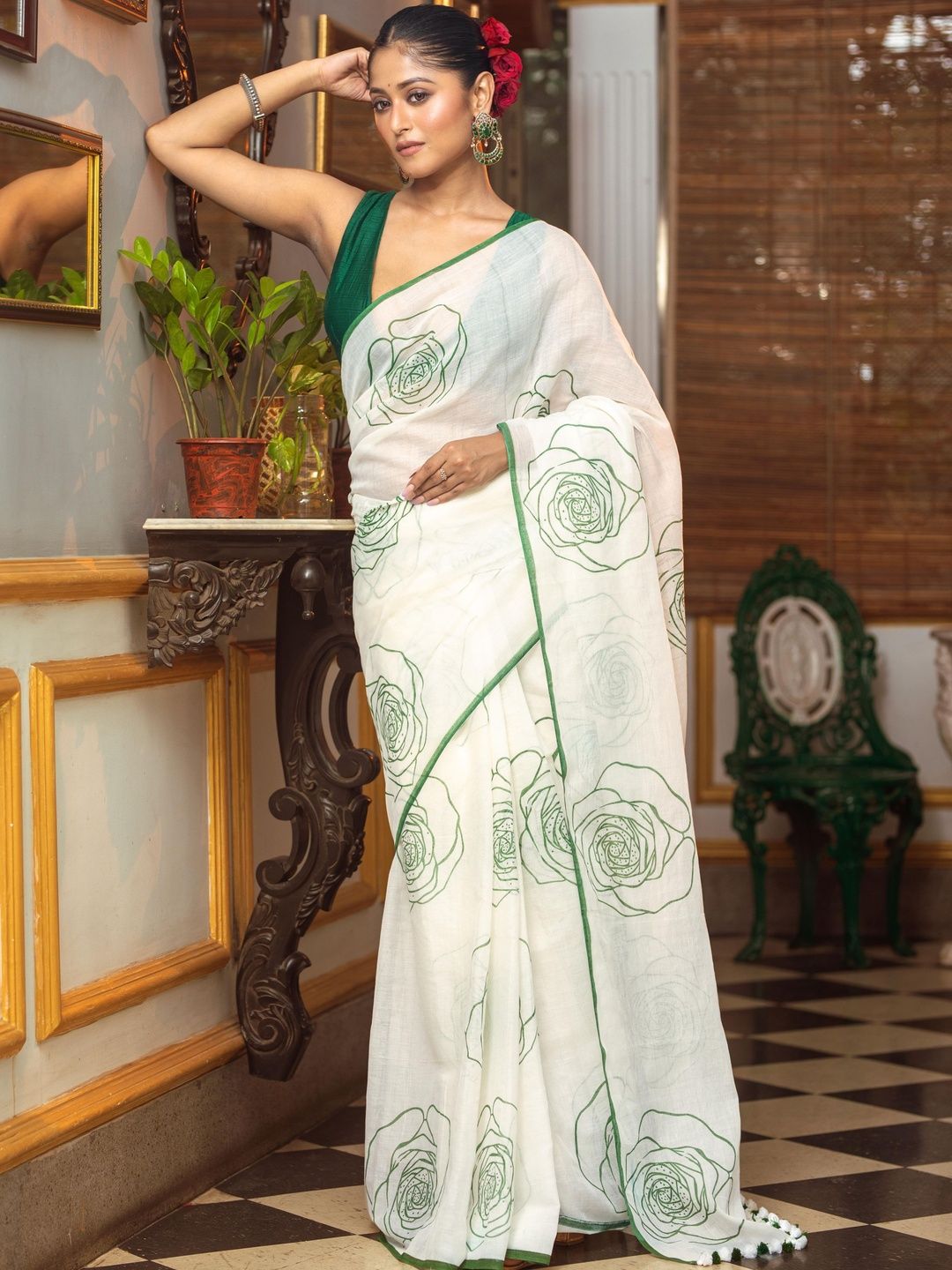 Linen Floral Print Saree with Handmade Zalar | Rose Print Designer Saree | 6.30 Meter