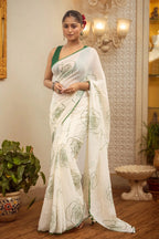 Linen Floral Print Saree with Handmade Zalar | Rose Print Designer Saree | 6.30 Meter