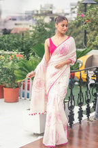 Linen Floral Print Saree with Handmade Zalar | Rose Print Designer Saree | 6.30 Meter