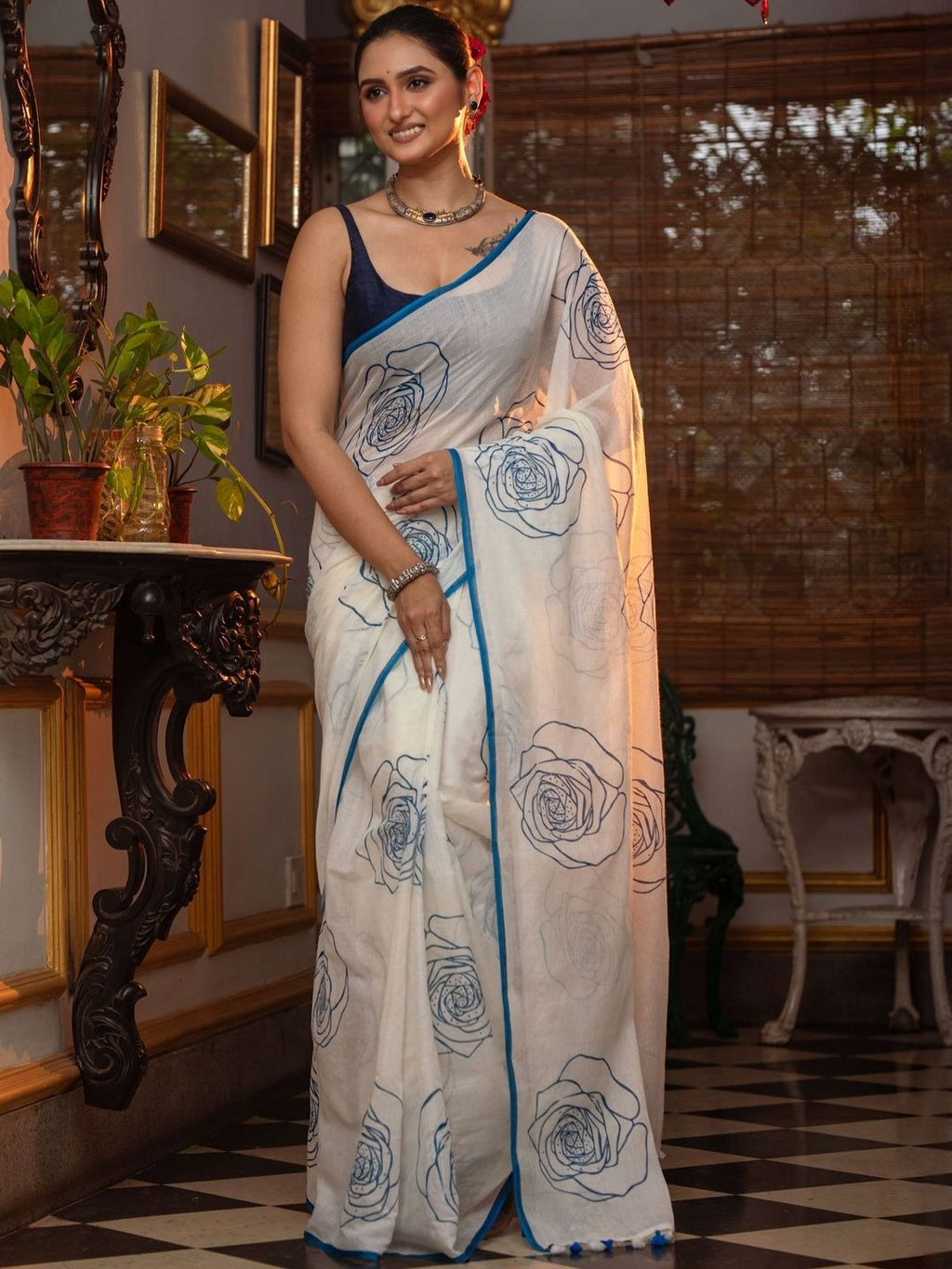 Linen Floral Print Saree with Handmade Zalar | Rose Print Designer Saree | 6.30 Meter