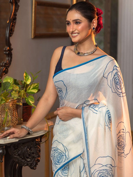 Linen Floral Print Saree with Handmade Zalar | Rose Print Designer Saree | 6.30 Meter