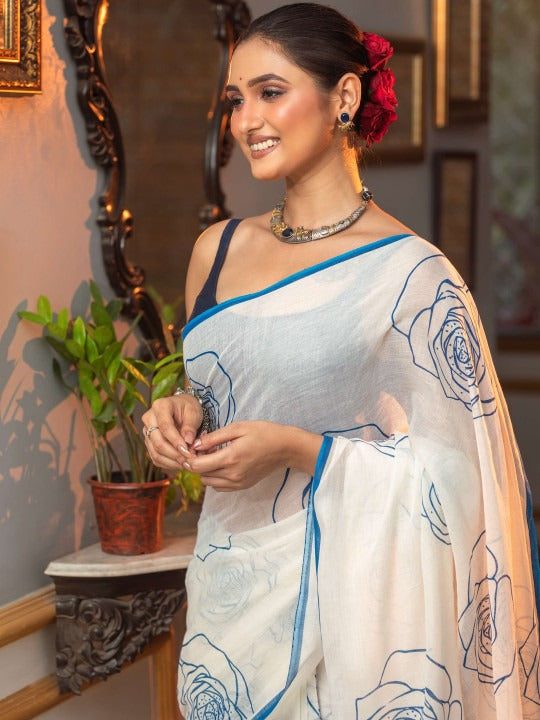 Linen Floral Print Saree with Handmade Zalar | Rose Print Designer Saree | 6.30 Meter