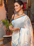 Linen Floral Print Saree with Handmade Zalar | Rose Print Designer Saree | 6.30 Meter