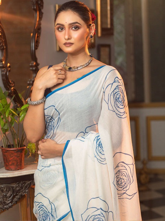 Linen Floral Print Saree with Handmade Zalar | Rose Print Designer Saree | 6.30 Meter