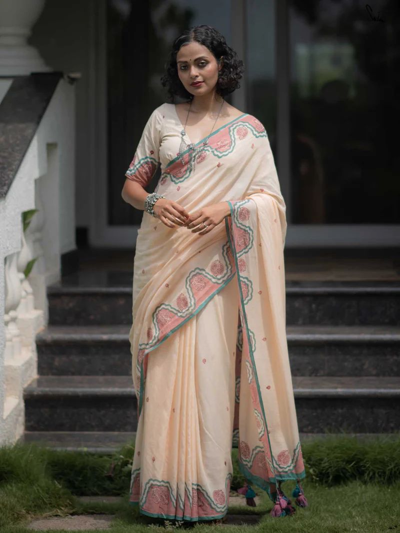 Elegant Handblock Border Linen Saree