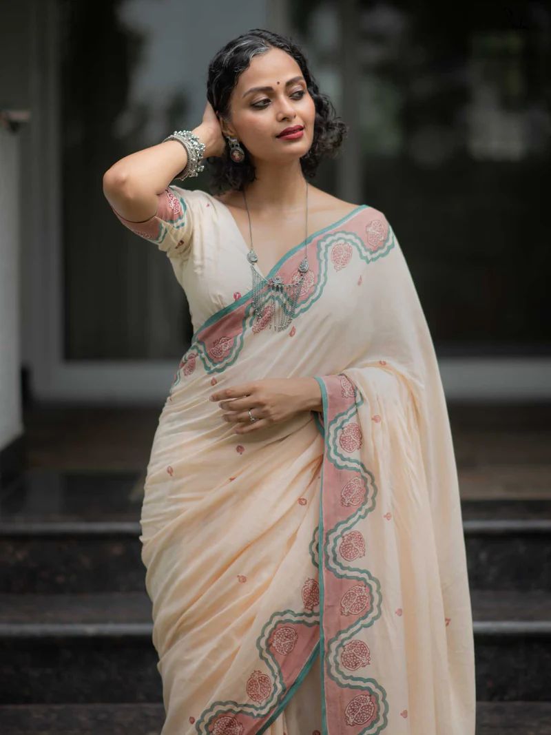 Elegant Handblock Border Linen Saree