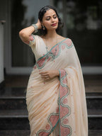 Elegant Handblock Border Linen Saree