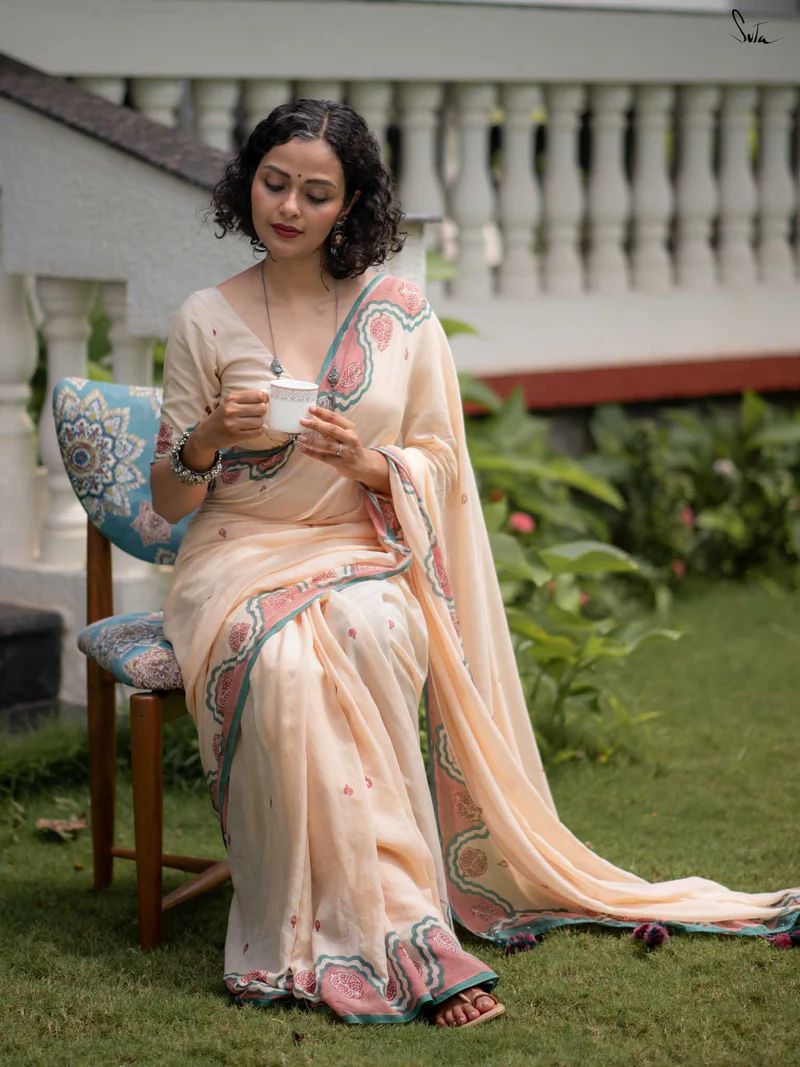 Elegant Handblock Border Linen Saree