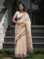 Elegant Handblock Border Linen Saree