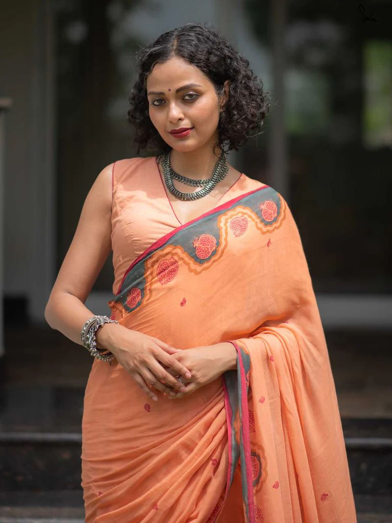 Elegant Handblock Border Linen Saree