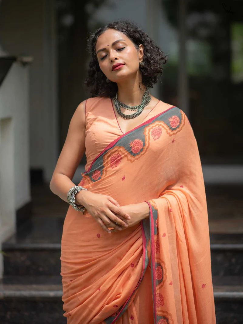 Elegant Handblock Border Linen Saree