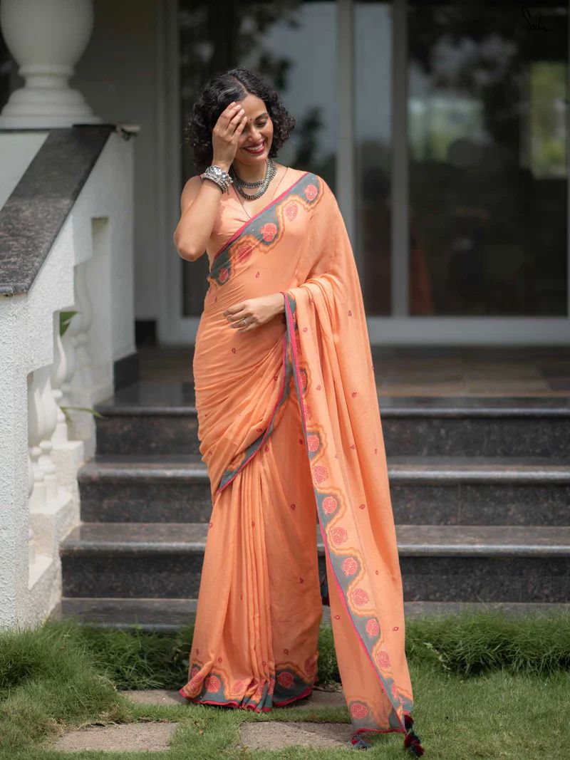 Elegant Handblock Border Linen Saree