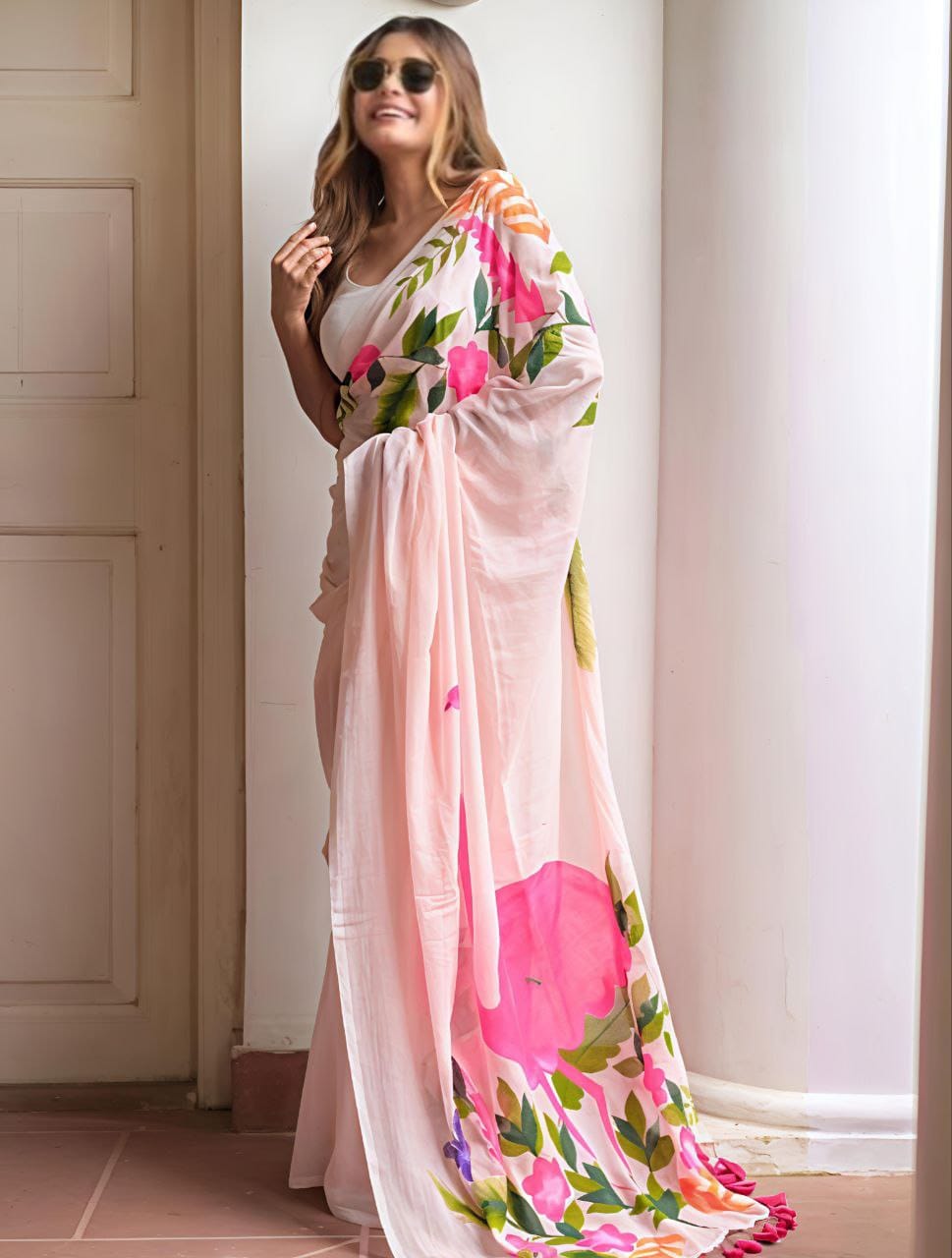 Tropical Flamingo Linen Saree