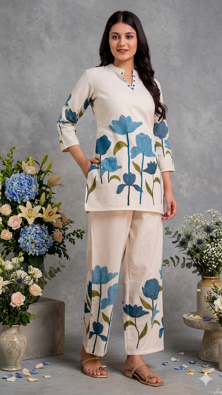 Blue Floral Printed Co-ord Set – Cream Kurta & Straight Pants
